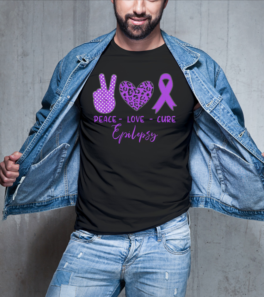 Peace Love Cure Epilepsy Purple Ribbon Polka Dot Leopard Print T-Shirt