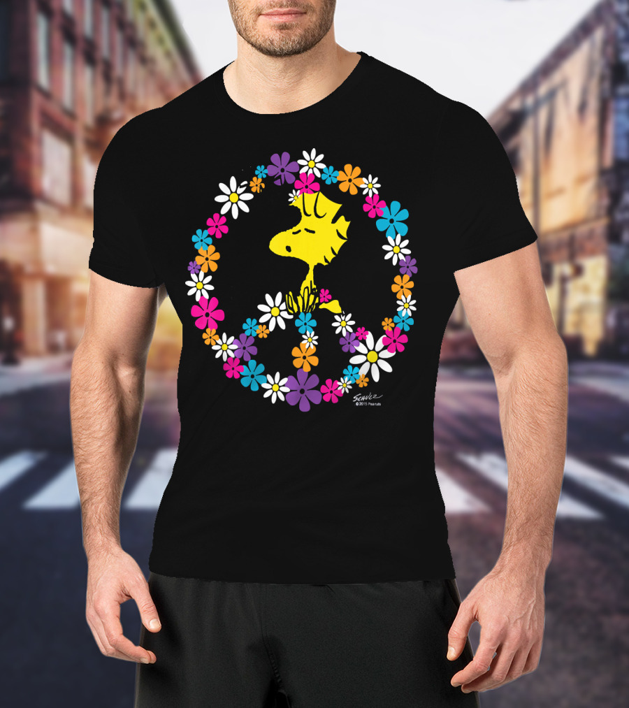 Peanuts Woodstock Surrounded By Peace Sign And Vibrant Floral T-Shirt
