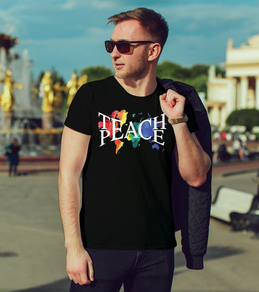 Teach Peace World Map Rainbow Colors T-Shirt
