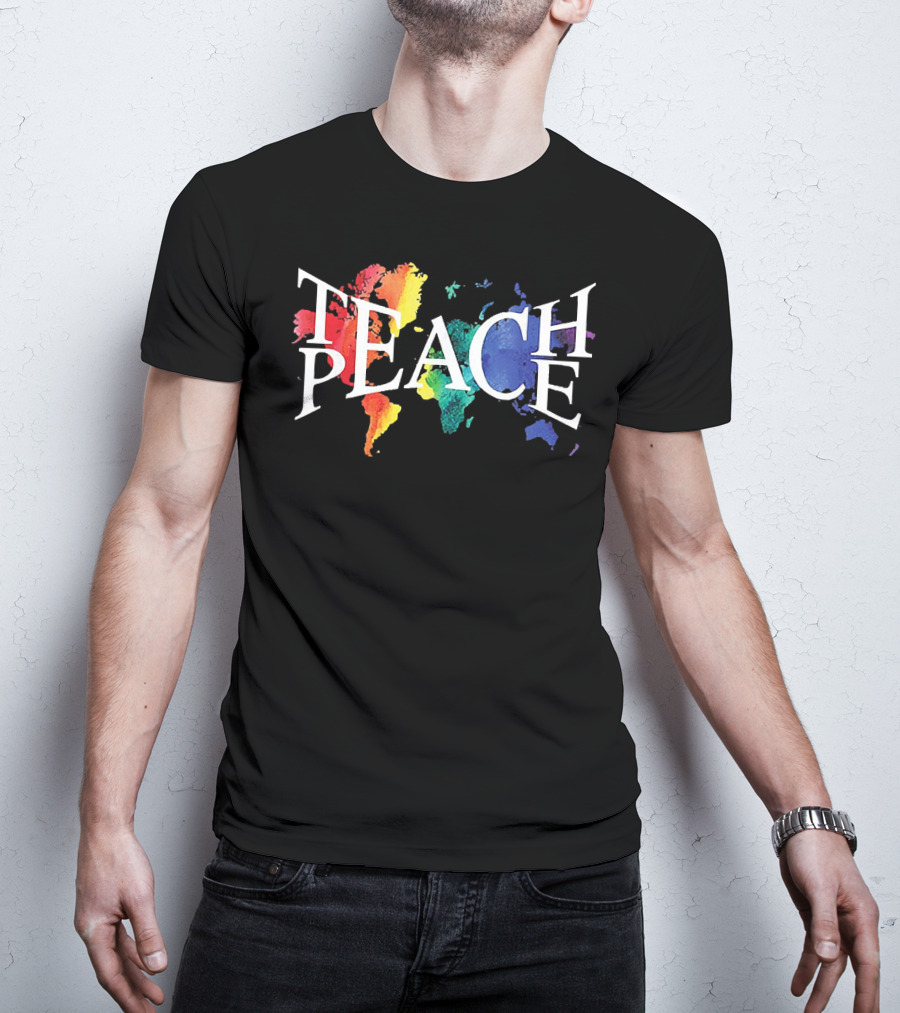 Teach Peace World Map Rainbow Colors T-Shirt