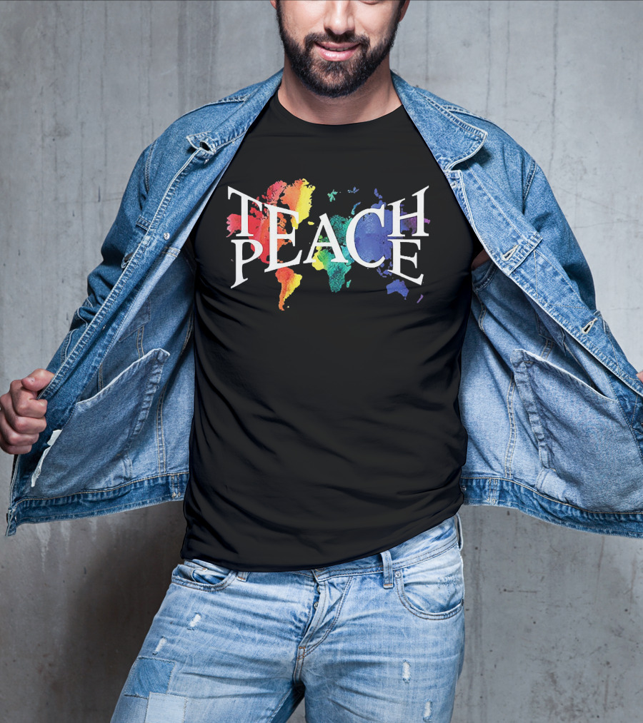 Teach Peace World Map Rainbow Colors T-Shirt