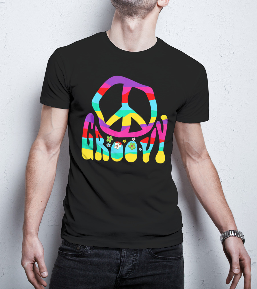 Groovy Rainbow Colorful Peace Sign Symbol With Flowers 60s 70s T-Shirt