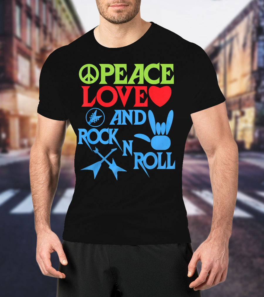 Peace Love Heart And Rock N Roll Peace Sign Guitar Hand Gesture T-Shirt