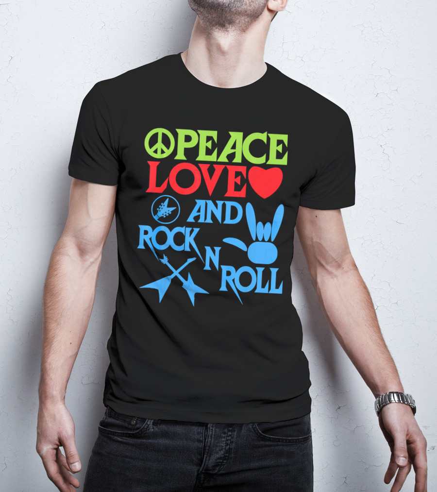 Peace Love Heart And Rock N Roll Peace Sign Guitar Hand Gesture T-Shirt