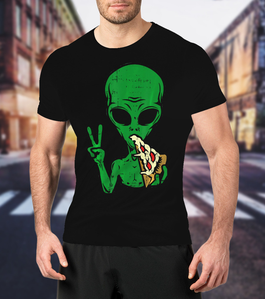 Alien Pizza Eating Peace Funny Space Are T-Shirt
