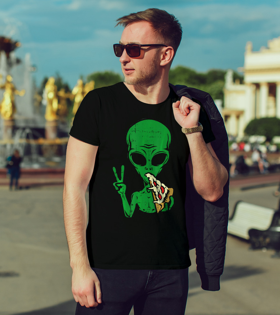 Alien Pizza Eating Peace Funny Space Are T-Shirt