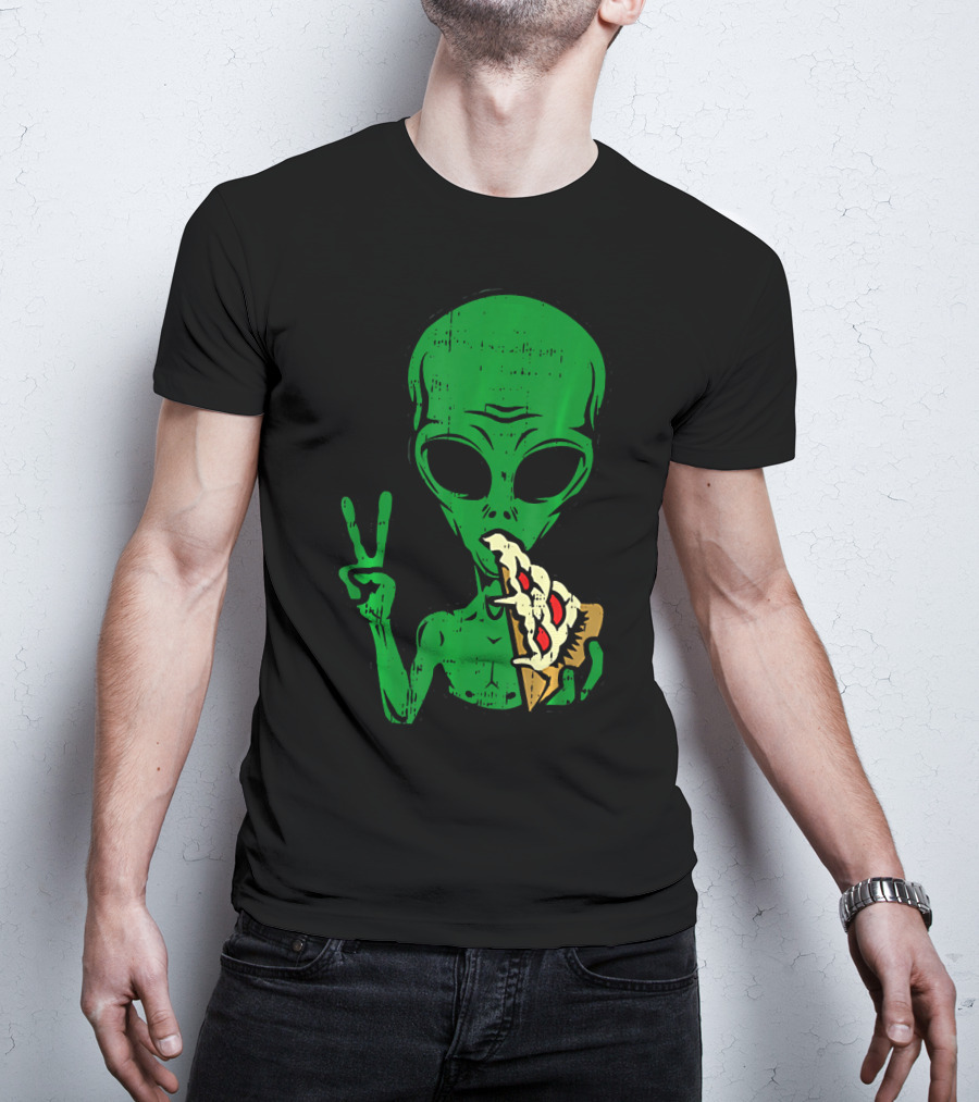 Alien Pizza Eating Peace Funny Space Are T-Shirt