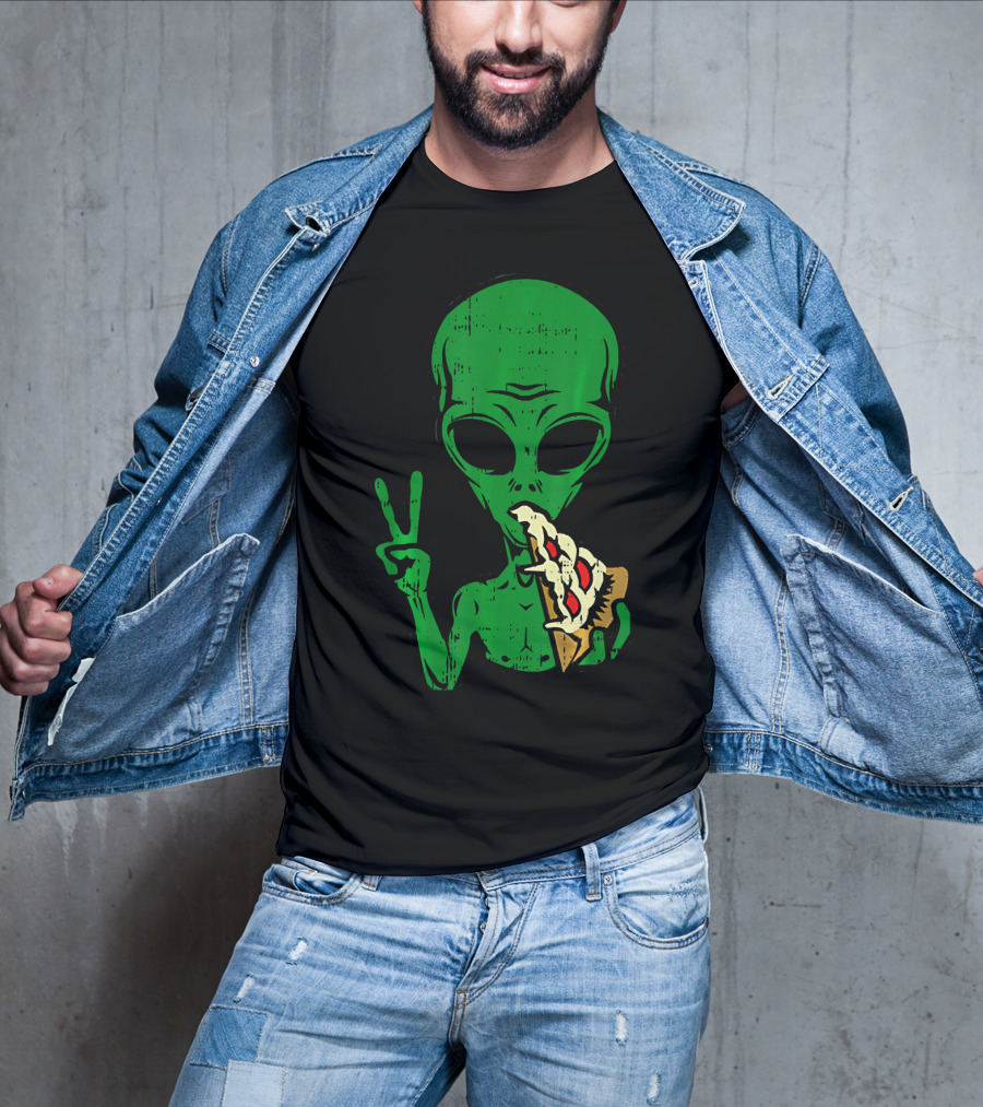 Alien Pizza Eating Peace Funny Space Are T-Shirt