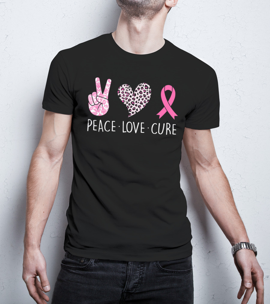 Peace Love Cure Pink Ribbon Heart Breast Cancer Awareness T-Shirt