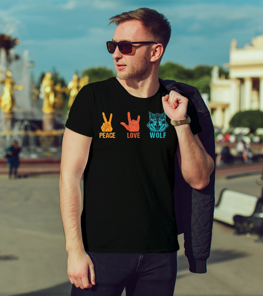Peace Love Wolf Hand Signs Vintage Wolf Head T-Shirt