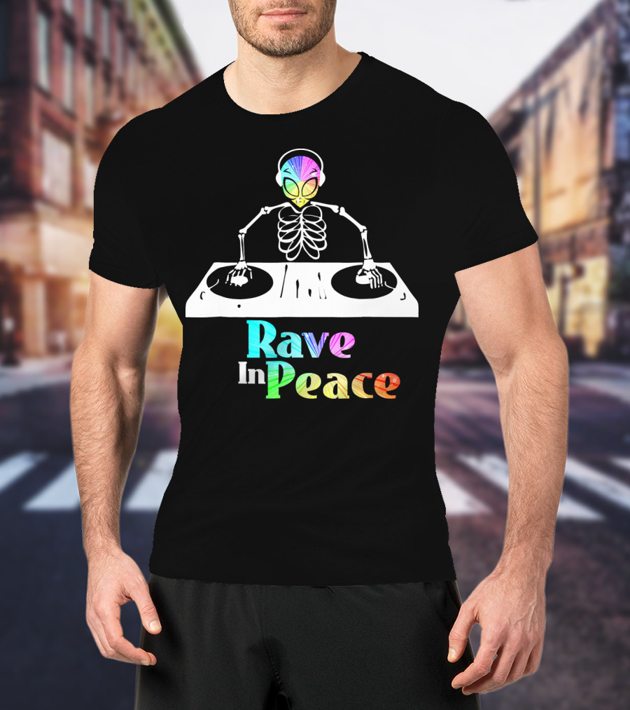 Rave In Peace Colorful DJ Alien Skeleton T-Shirt