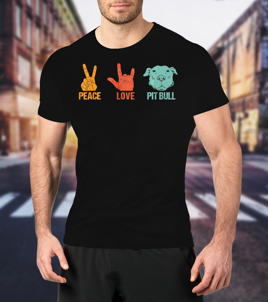 Peace Love Pit Bull Vintage Hand Signs Dog T-Shirt