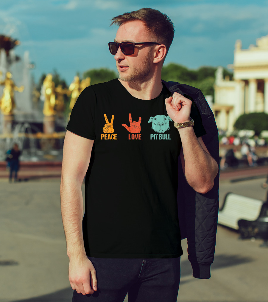 Peace Love Pit Bull Vintage Hand Signs Dog T-Shirt