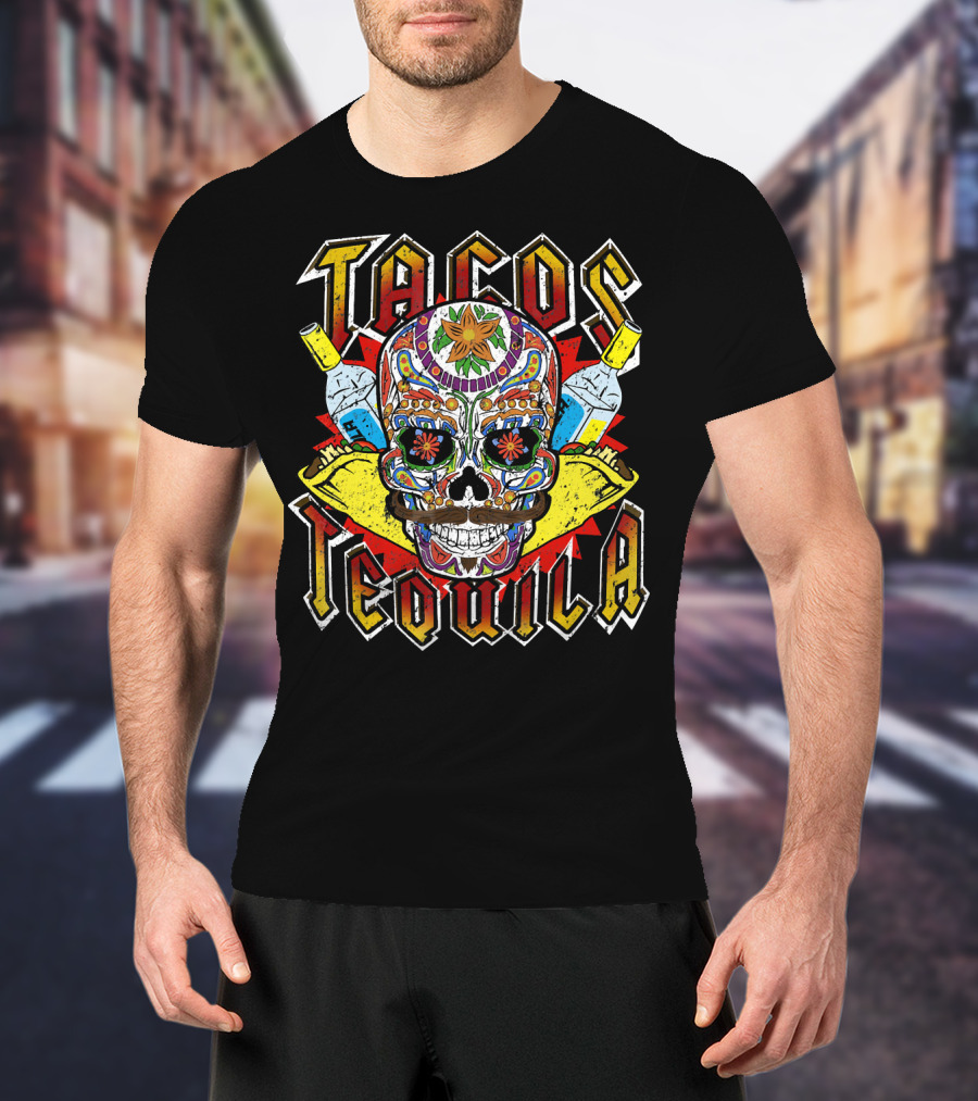 Tacos Tequila Sugar Skull Vintage Mexican T-Shirt