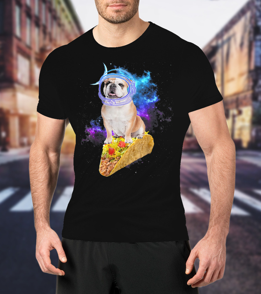 Space English Bulldog Astronaut Riding Taco In Galaxy T-Shirt