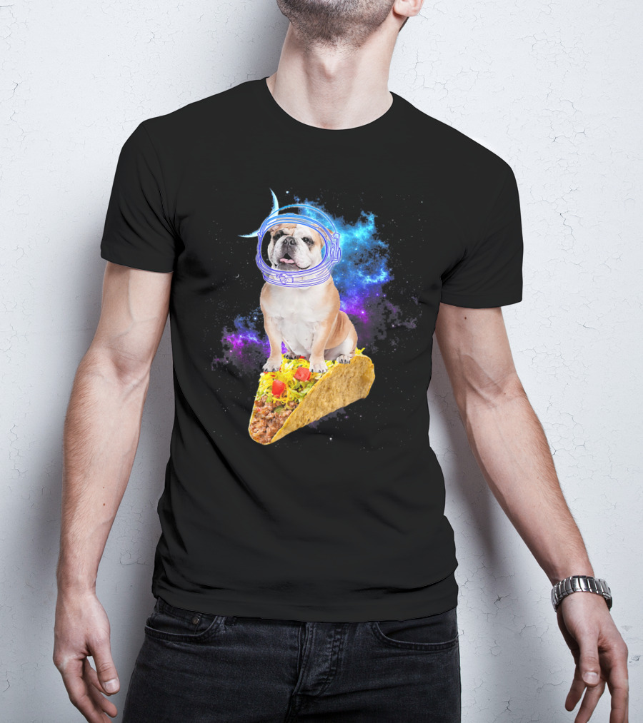 Space English Bulldog Astronaut Riding Taco In Galaxy T-Shirt