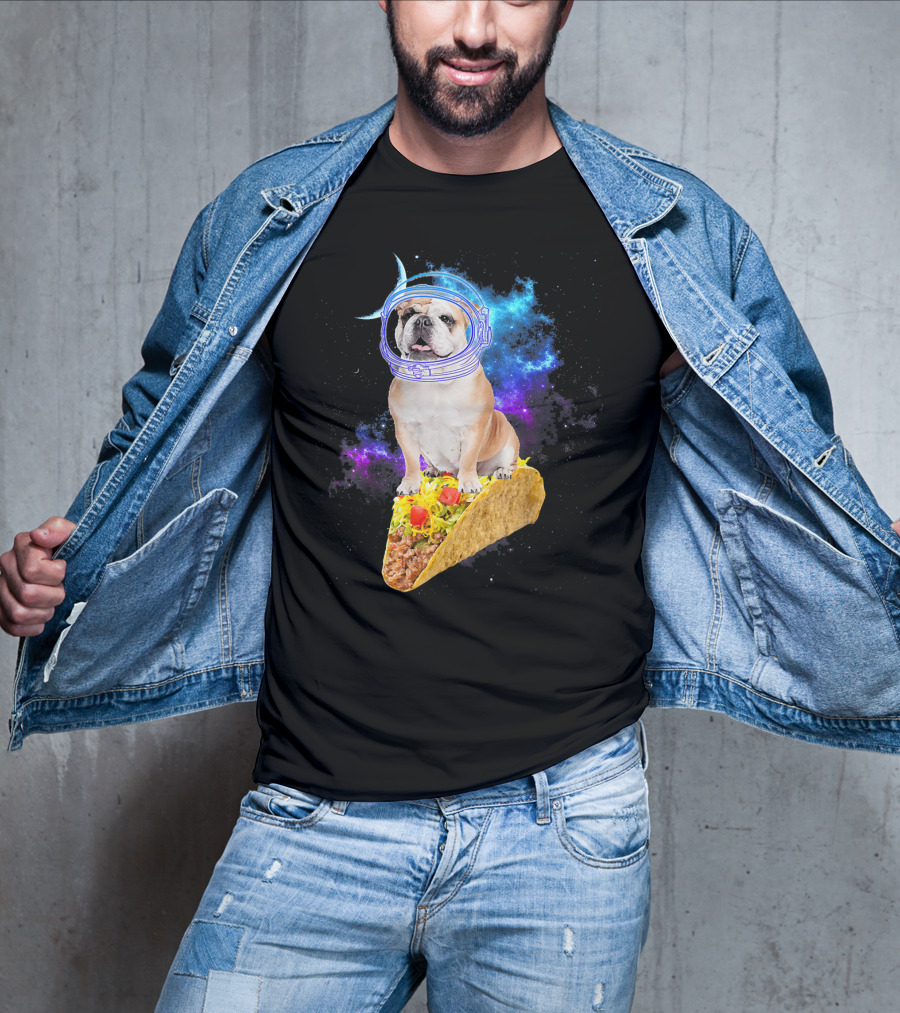 Space English Bulldog Astronaut Riding Taco In Galaxy T-Shirt