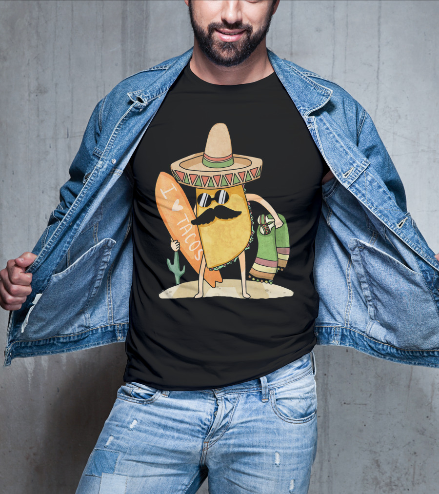 I Love Tacos Funny Mexican Surfing Beach T-Shirt