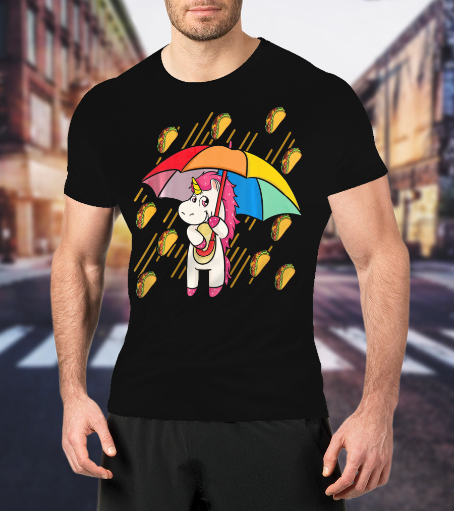 Raining Tacos Unicorn With Rainbow Umbrella T-Shirt