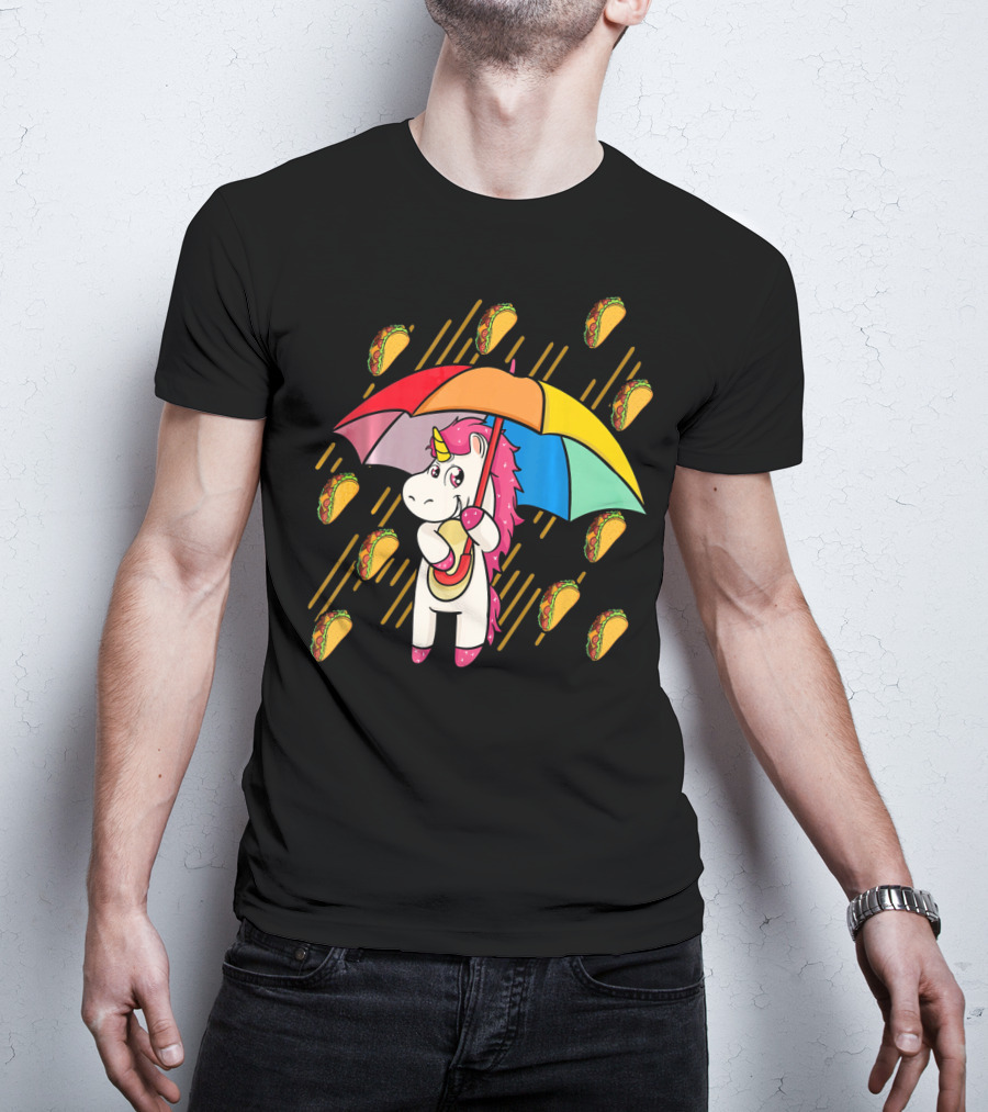 Raining Tacos Unicorn With Rainbow Umbrella T-Shirt