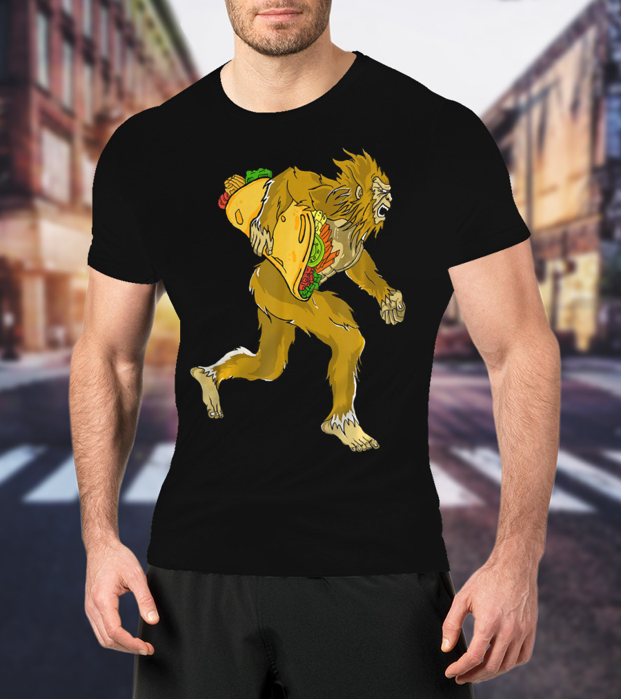 Bigfoot Running With Giant Taco In Hand For Exercise Scene T-Shirt