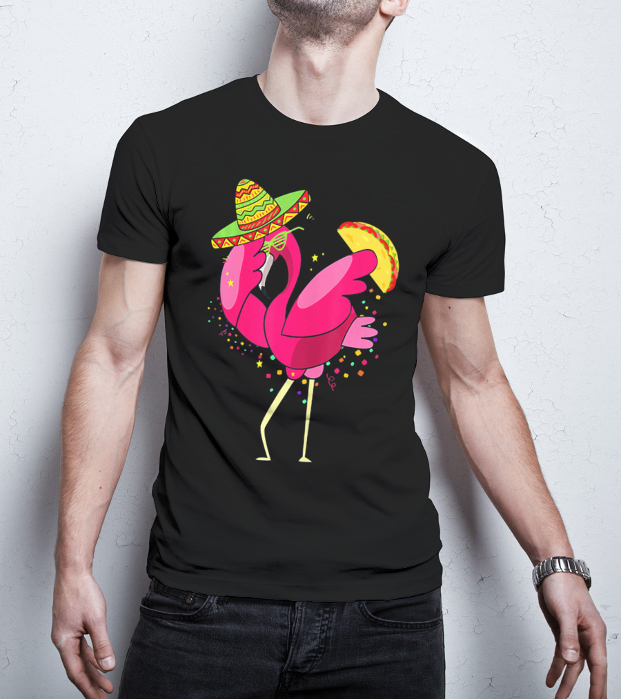 Funny Flamingo Dabbing With Taco Sombrero Cinco De Mayo T-Shirt