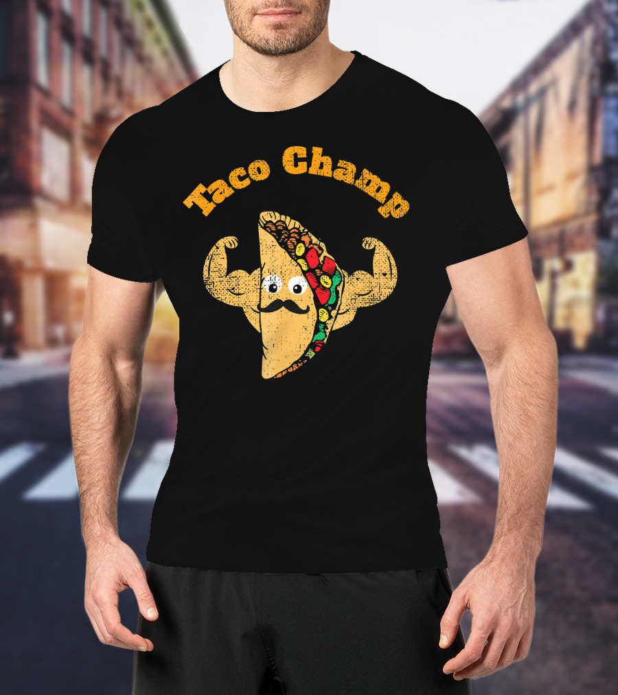 Taco Champ Flexing Strong Mustache Taco Emoji T-Shirt