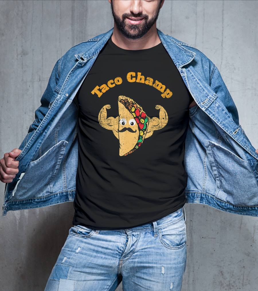 Taco Champ Flexing Strong Mustache Taco Emoji T-Shirt
