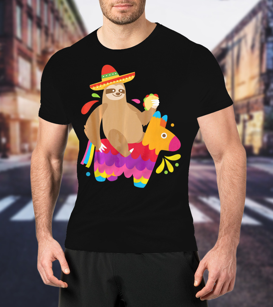 Sloth Taco Piñata Cute Mexican Fiesta Sombrero Riding Rainbow T-Shirt