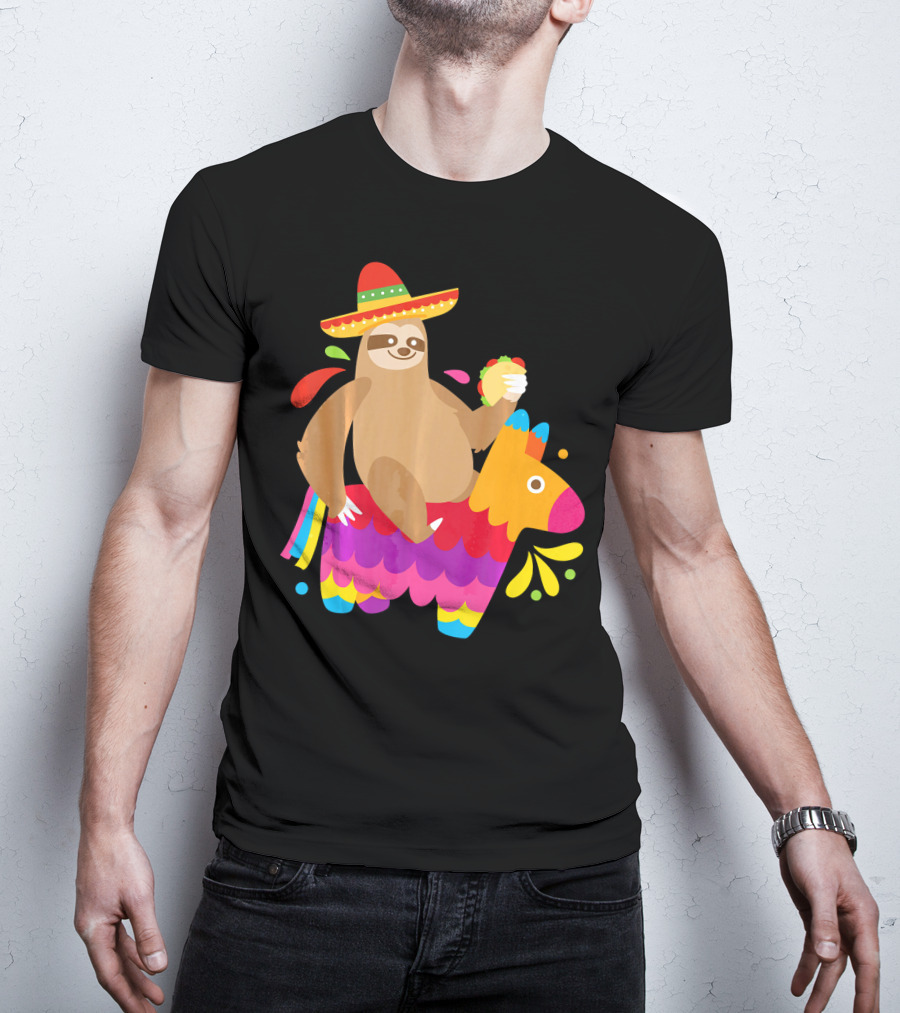 Sloth Taco Piñata Cute Mexican Fiesta Sombrero Riding Rainbow T-Shirt