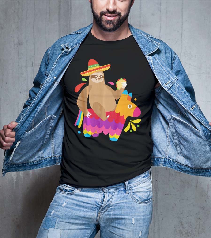 Sloth Taco Piñata Cute Mexican Fiesta Sombrero Riding Rainbow T-Shirt