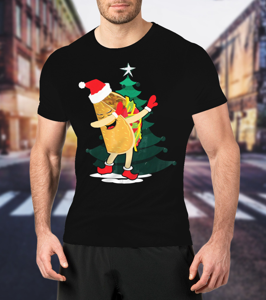 Dabbing Taco Christmas Santa Hat And Tree T-Shirt