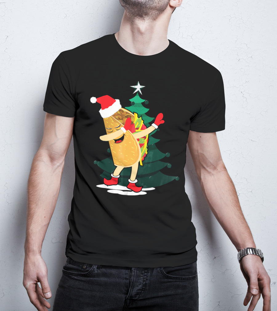 Dabbing Taco Christmas Santa Hat And Tree T-Shirt