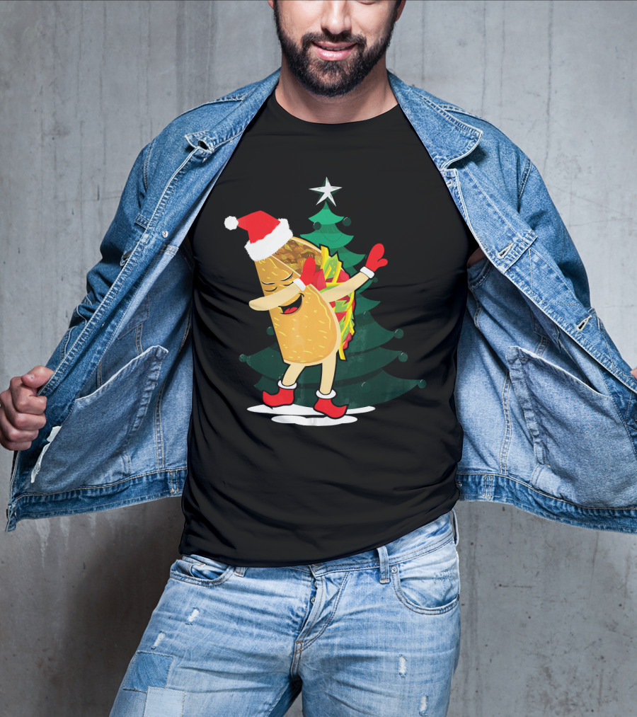 Dabbing Taco Christmas Santa Hat And Tree T-Shirt