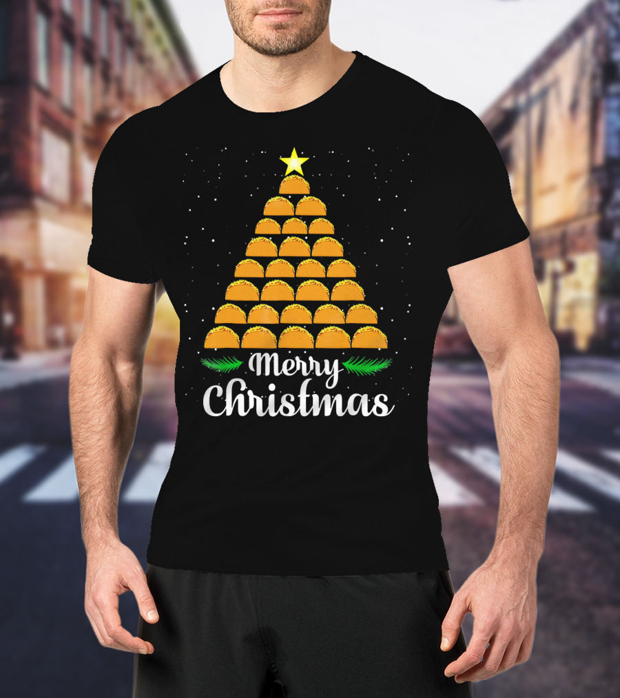 Merry Christmas Taco Tree With Star And Snowflakes T-Shirt