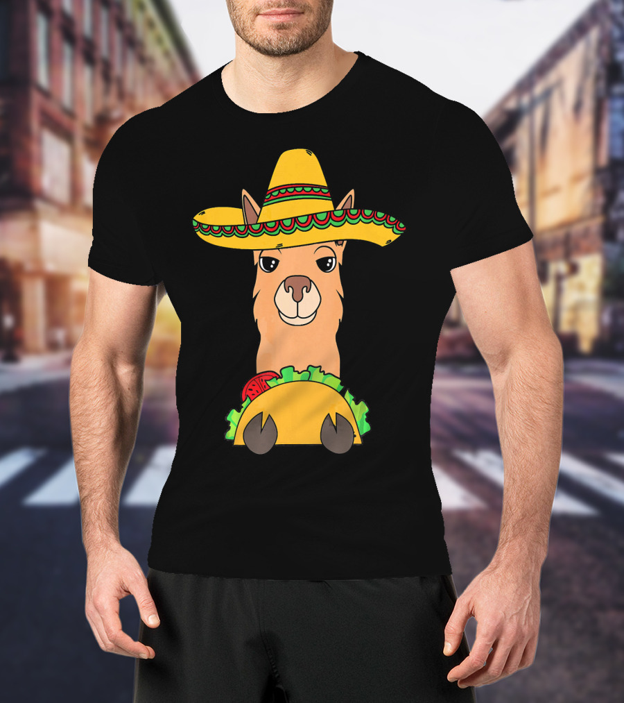 Llama Eating Taco Sombrero Cool Mexican T-Shirt