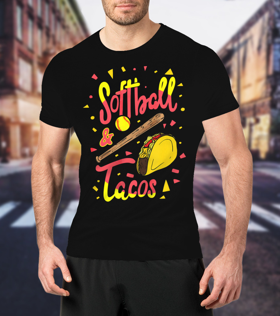 Softball And Tacos Funny Taco And Mexican Softball Bat And Ball Icons T-Shirt