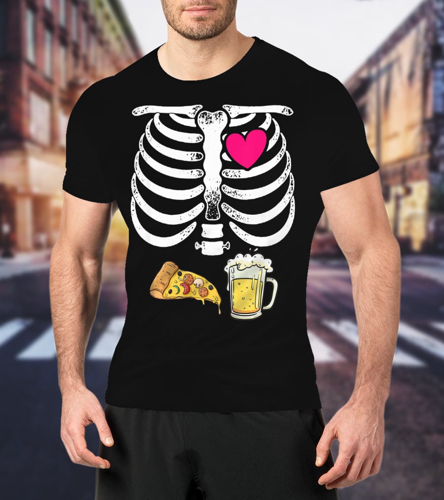 Skeleton Heart Pizza And Beer Xray T-Shirt
