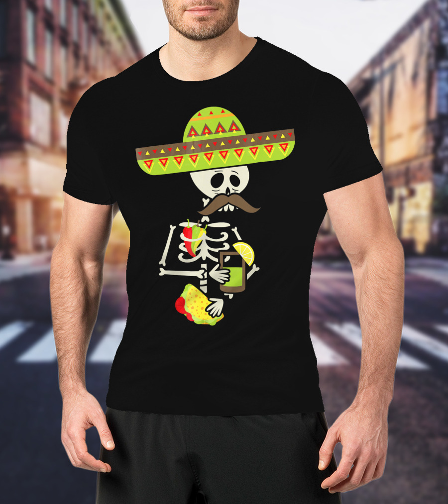 Mexican Skeleton Sombrero Holding Tequila Chili Tacos T-Shirt