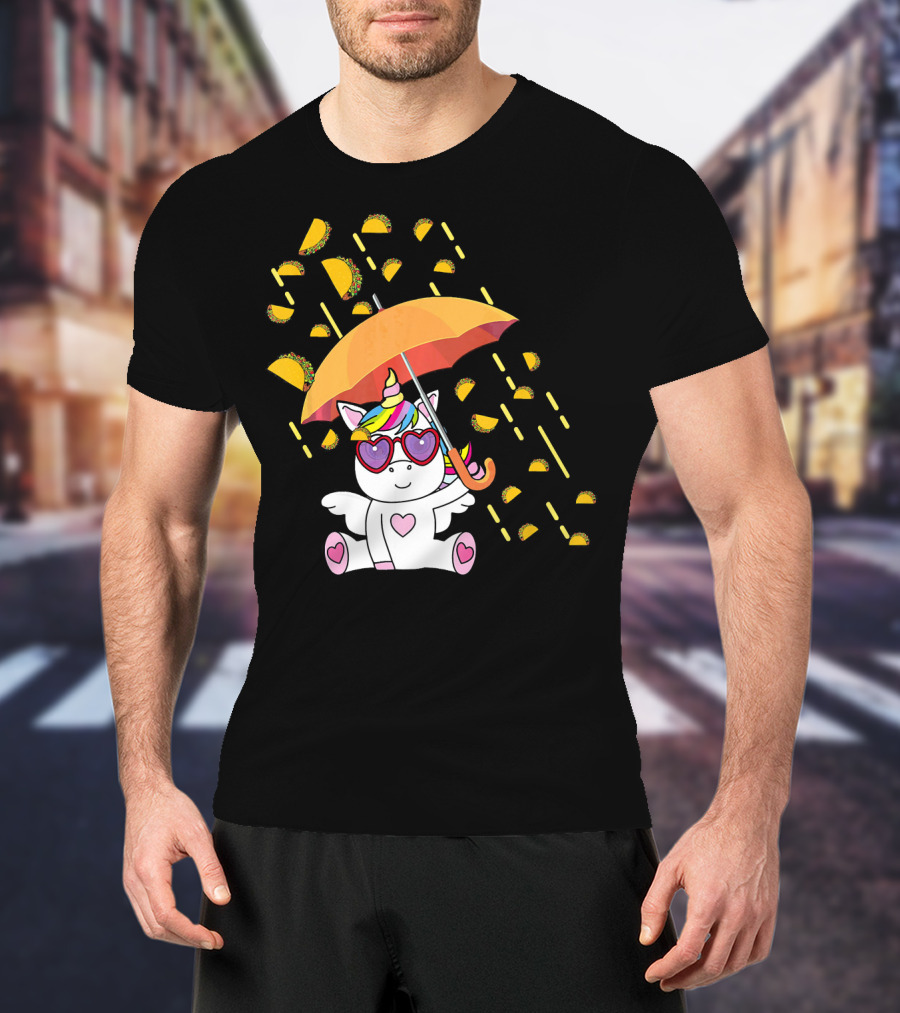 Its Raining Tacos Funny Unicorn With Umbrella And Sunglasses T-Shirt