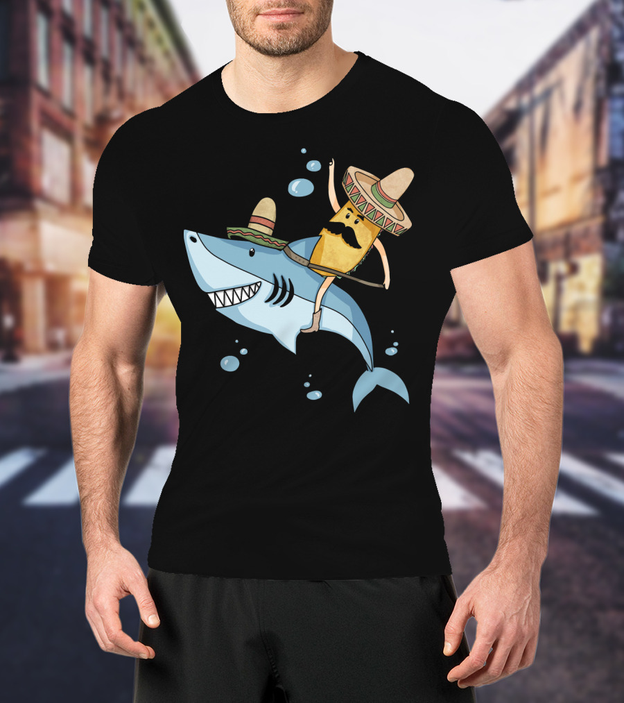 Taco Guy Riding Sombrero Shark Funny Mexican Style Long T-Shirt