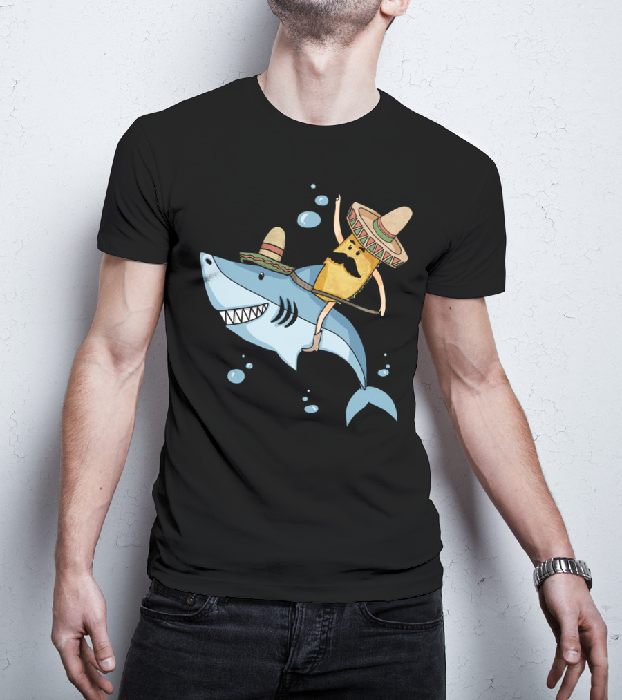 Taco Guy Riding Sombrero Shark Funny Mexican Style Long T-Shirt