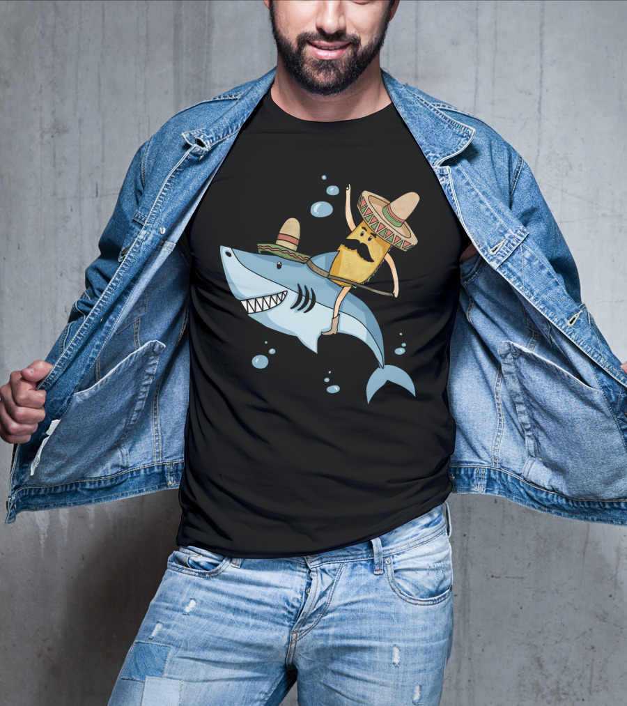 Taco Guy Riding Sombrero Shark Funny Mexican Style Long T-Shirt