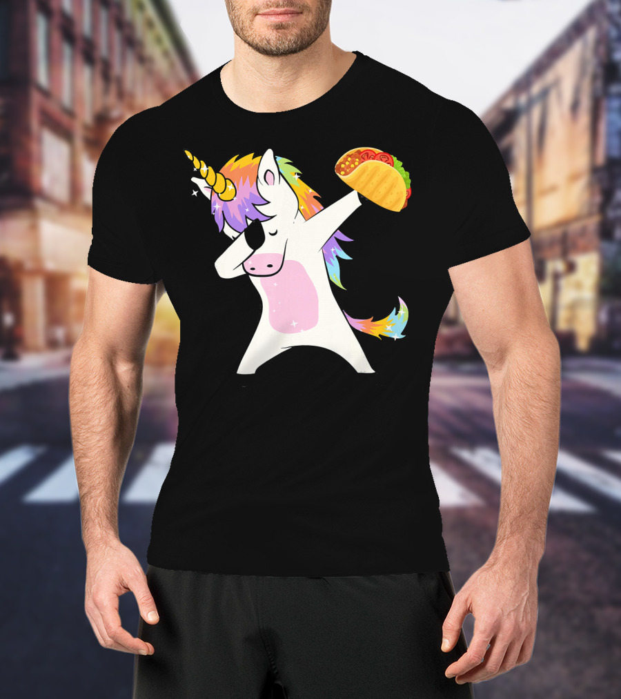 Unicorn Dabbing With Taco And Rainbow Mane T-Shirt