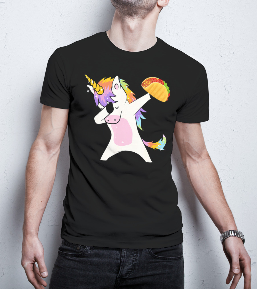 Unicorn Dabbing With Taco And Rainbow Mane T-Shirt