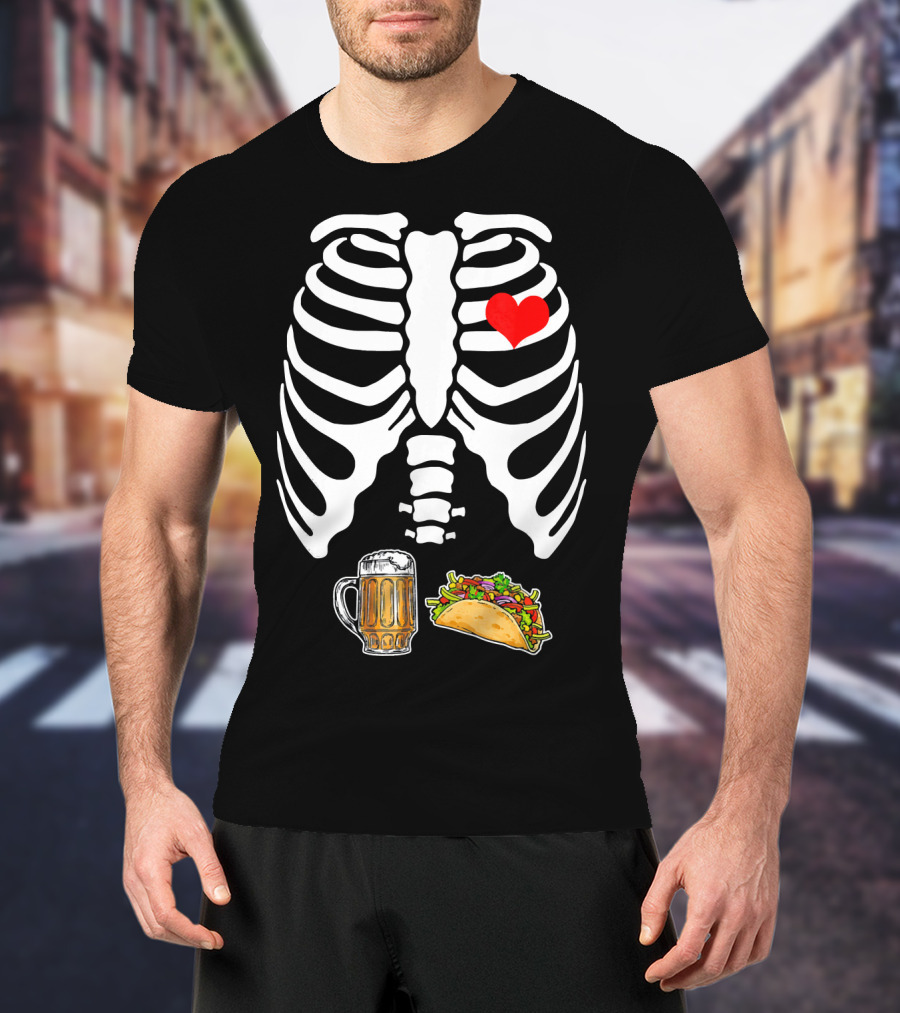 Pregnant Skeleton With Heart, Tacos, And Beer T-Shirt