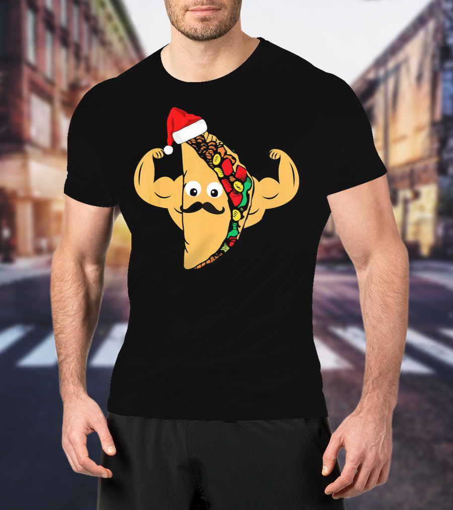 Funny Taco With Santa Hat And Mustache Flexing Muscles Family T-Shirt