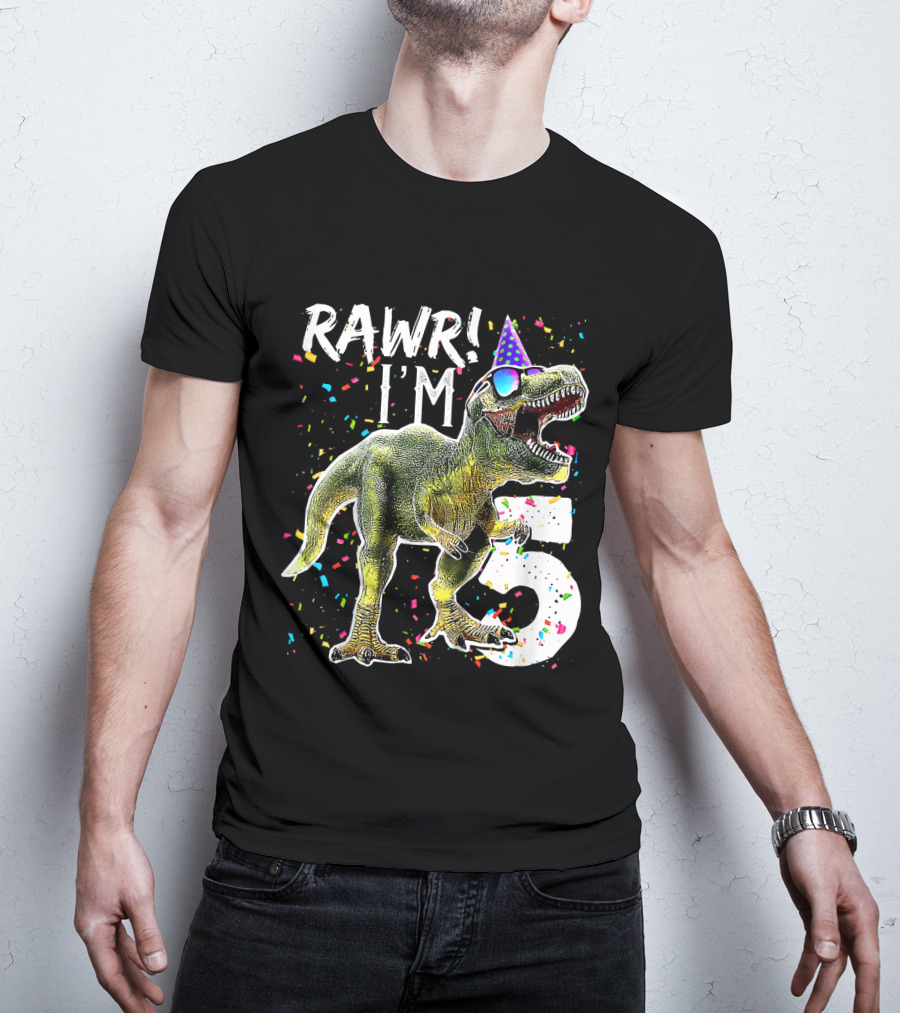 Rawr I'm 5 Dinosaur Birthday Party Hat Confetti T-Shirt