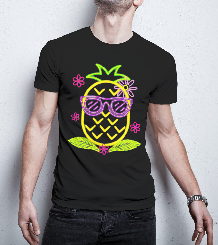 Neon Pineapple With Sunglasses And Flowers Luau Party Vibes T-Shirt