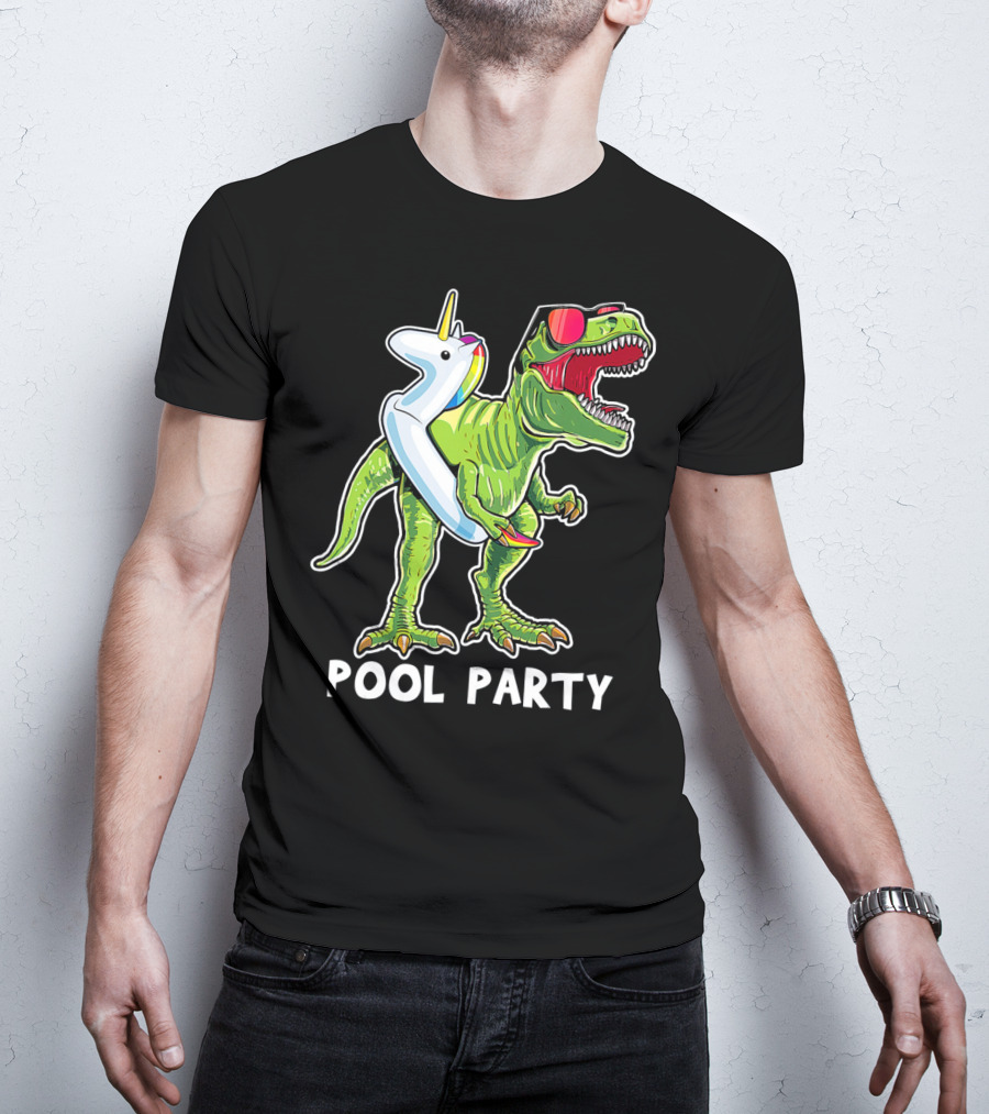 Pool Party Rex Dinosaur With Unicorn Float And Sunglasses T-Shirt